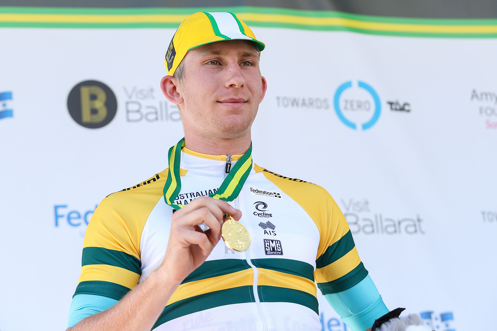 Cameron Scott in the green-and-gold jersey of under-23 Australian national criterium champion in 2018